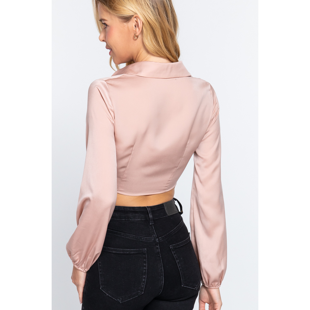 Long Sleeve Notched Collar Front Twisted Detail Crop Woven Top - Picture 4 of 7
